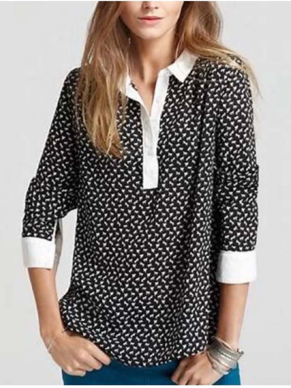 Free People Black & White Contrast-Collar Printed Polo Blouse